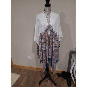J.Jill Cream Turquoise Paisley Kimono w/fringe 100% modal rayon boho lagan look